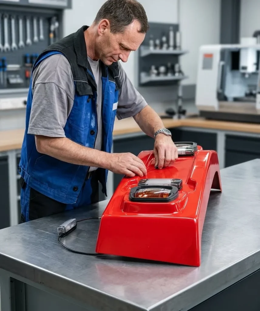 Mitarbeiter von Kunststofftechnik Engel montiert Leuchten in einen Kunststoff-Kotflügel